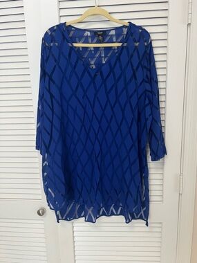 Alfani Royal Blue Sheer Geometric V-Neck Blouse w/ Detachable Tank
